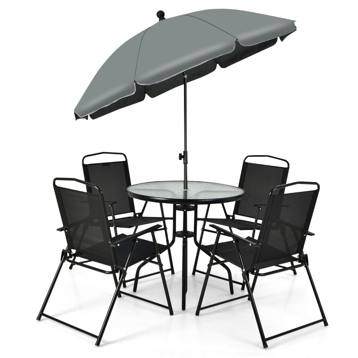 Garden Furniture Set 6 Pcs 4 Folding Chairs Glass Coffee Table and Parasol for Terrace Swimming Pool Courtyard Black -