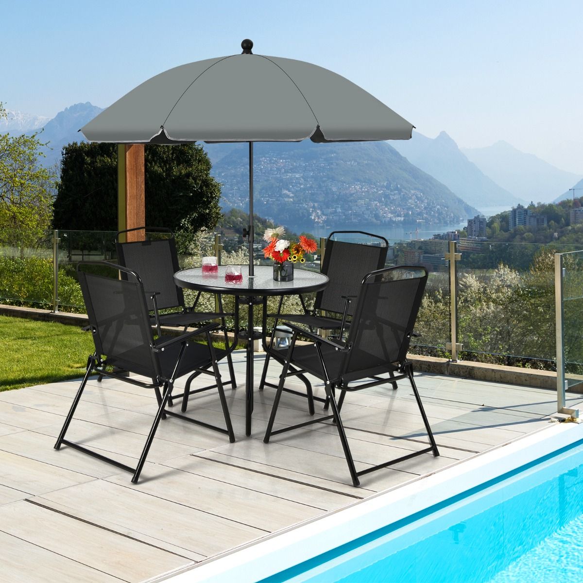 Garden Furniture Set 6 Pcs 4 Folding Chairs Glass Coffee Table and Parasol for Terrace Swimming Pool Courtyard Black -
