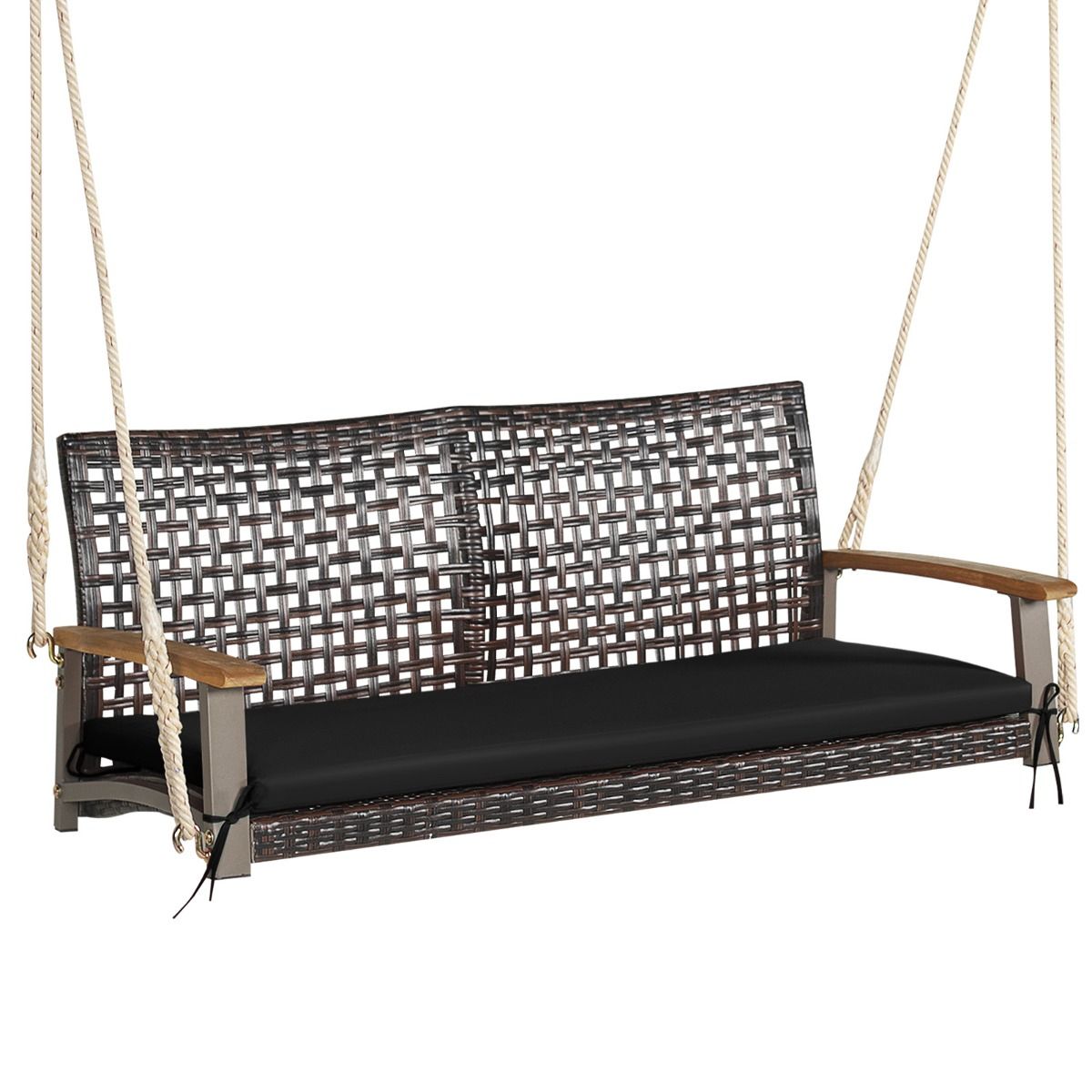 Hanging Rattan Garden Bench 2 Seater Acacia Wood Armrests Metal Frame Cushion Ropes Hooks White/Black -