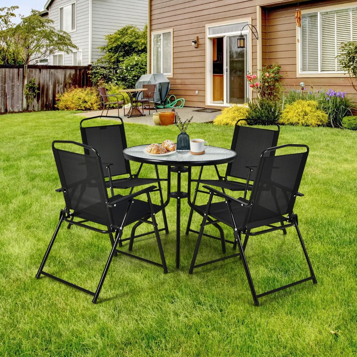 Garden Furniture Set 6 Pcs 4 Folding Chairs Glass Coffee Table and Parasol for Terrace Swimming Pool Courtyard Black -