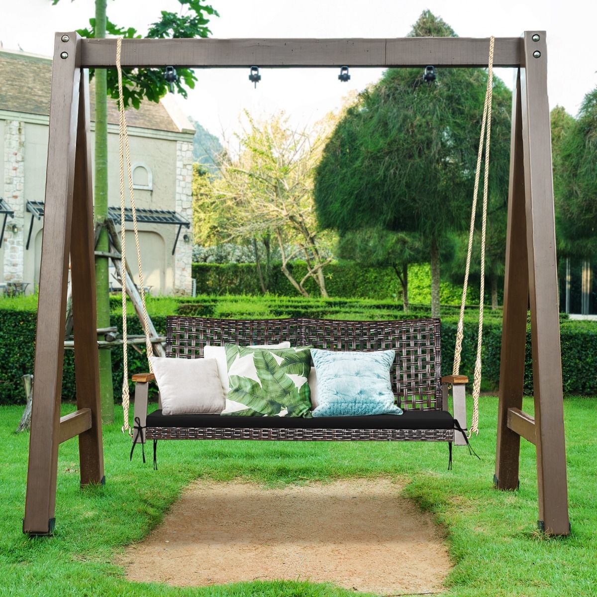 Hanging Rattan Garden Bench 2 Seater Acacia Wood Armrests Metal Frame Cushion Ropes Hooks White/Black -