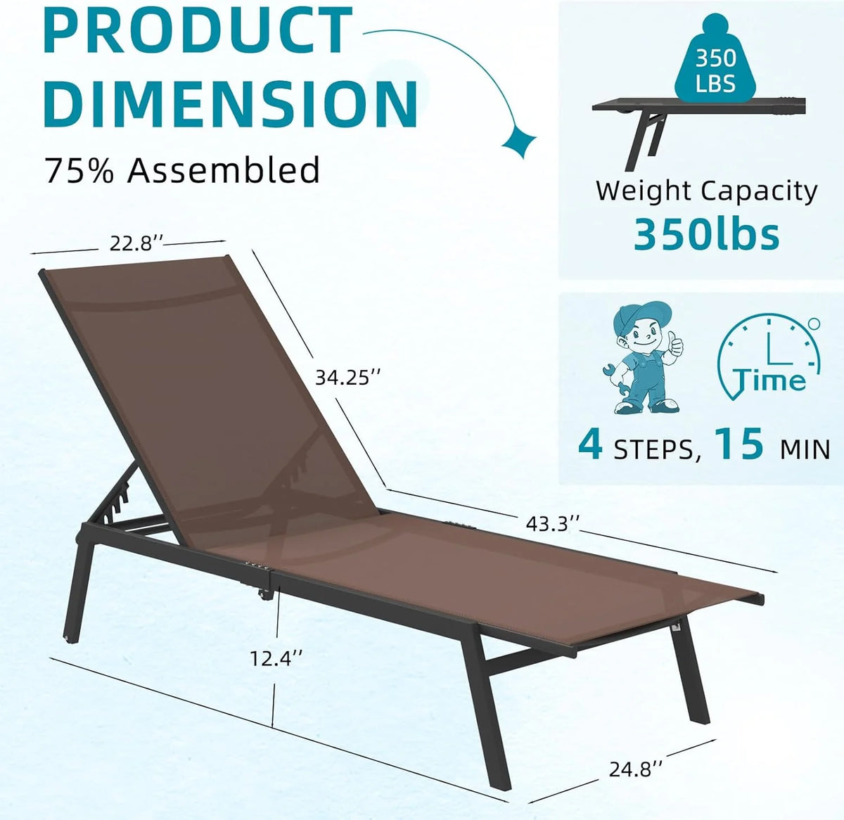 AECOJOY Patio Lounge Chairs, Outdoor Chaise Lounge with Wheels, Brown, 2PCS - Product image 3