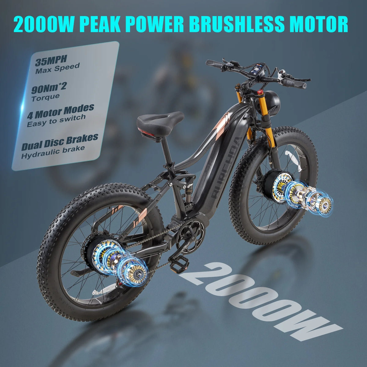 Dual Motors AWD 2000W Electric Bike for Adult 26'', UL2849 48V 60AH Removable Battery E - Product image 6