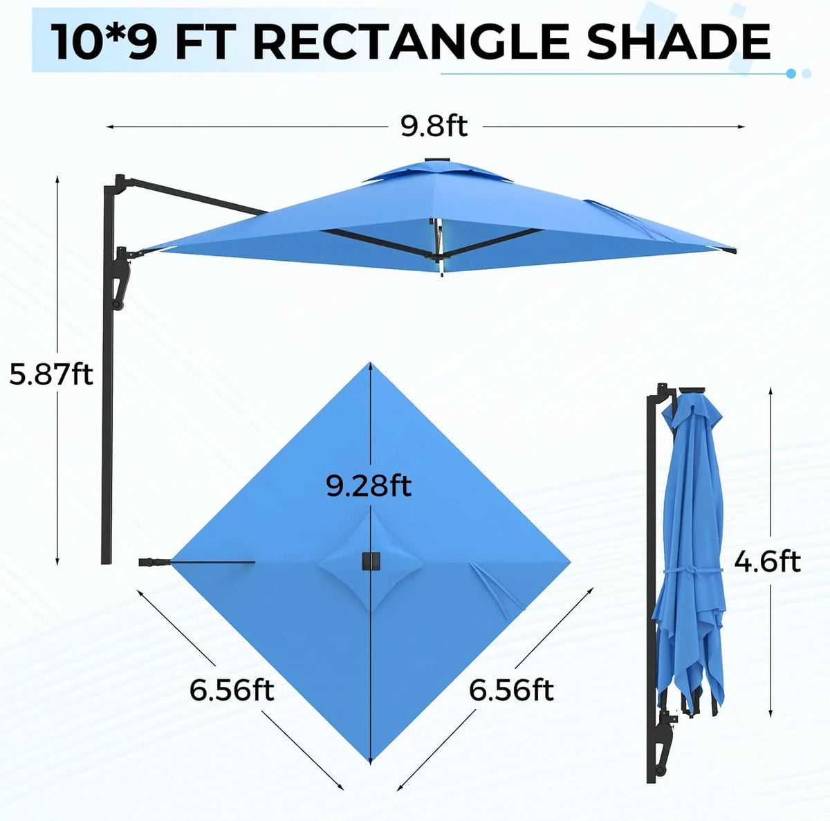 AECOJOY 10FT Large Patio Umbrella with Solar Lights, Rectangle Wall Mounted Outdoor Patio Umbrella, Blue - Product image 3