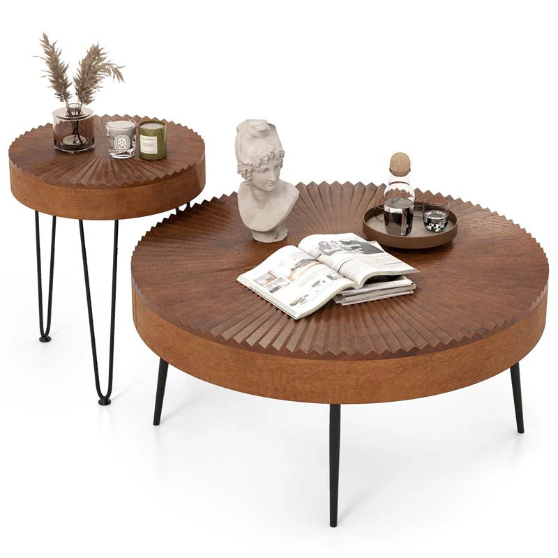 Boho Farmhouse Round Coffee Table Set of 2, Solid Pine Wood Nesting End Table with Metal Legs - Product image 1