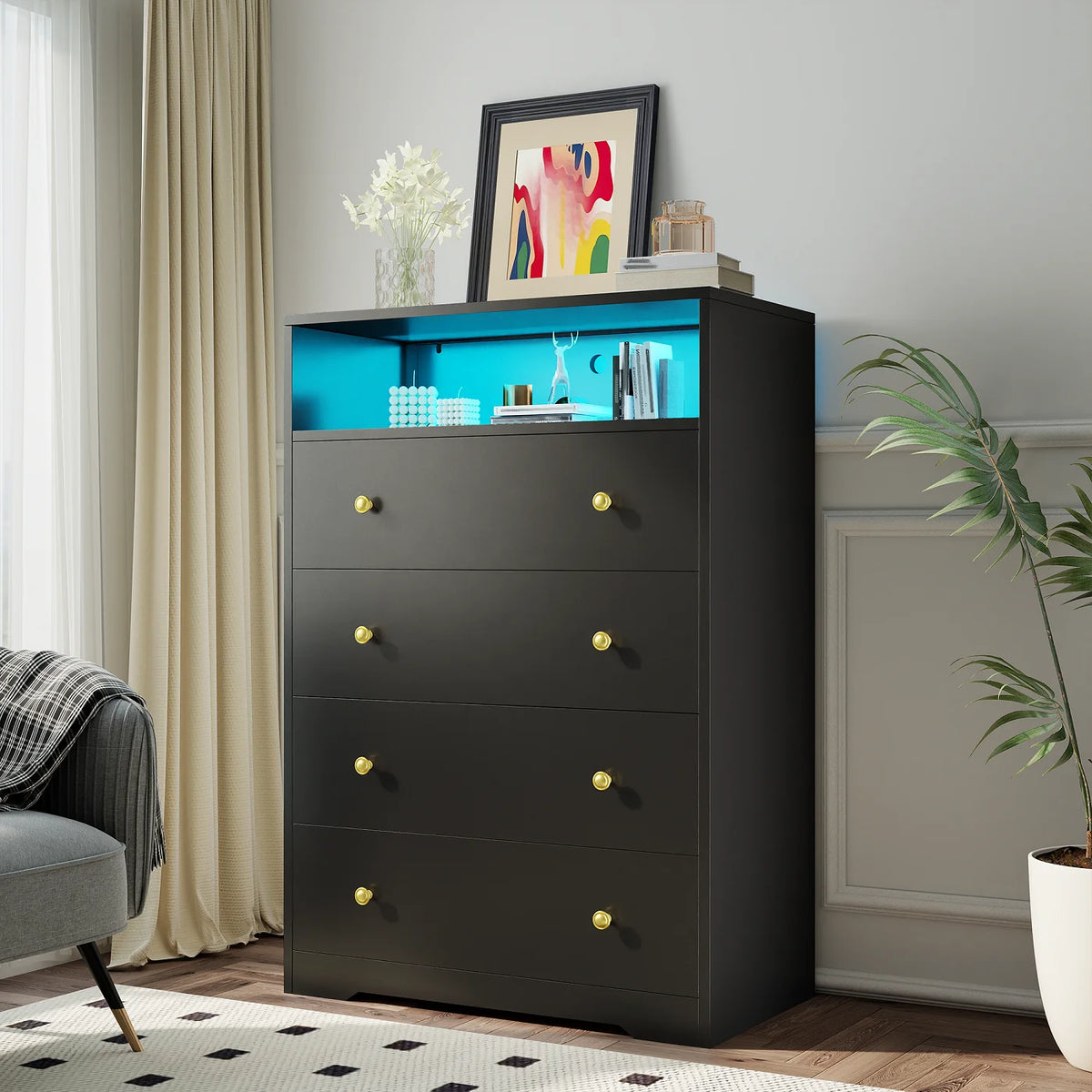 4 - Drawer Black Wood Dresser with LED Lights, Modern Chest of Drawers for Bedroom, Living Room - Product image 6