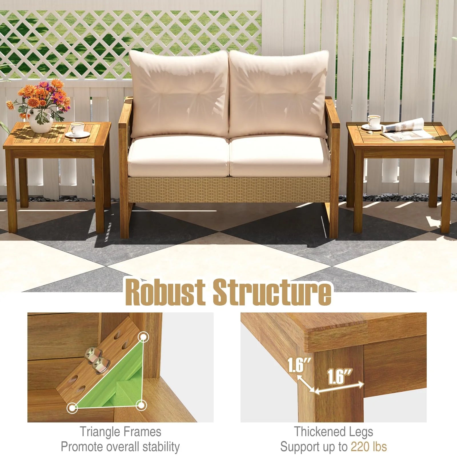 Tangkula 3 Piece Teak Wood Bistro Set, Outdoor Conversation Set with 2 Folding Chairs & Square Side Table - Product image 9