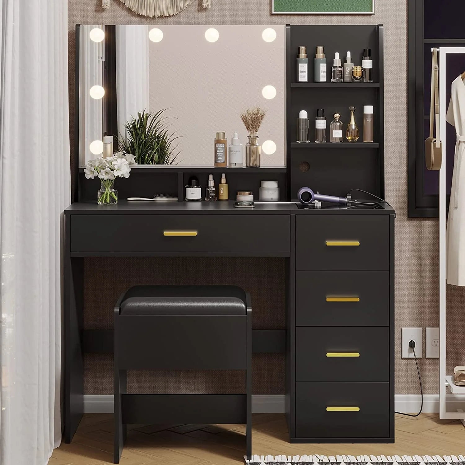 Black Vanity Set with Lights & Charging Station & Cushioned Stool, Modern Makeup Vanity Desk Table with - Product image 4