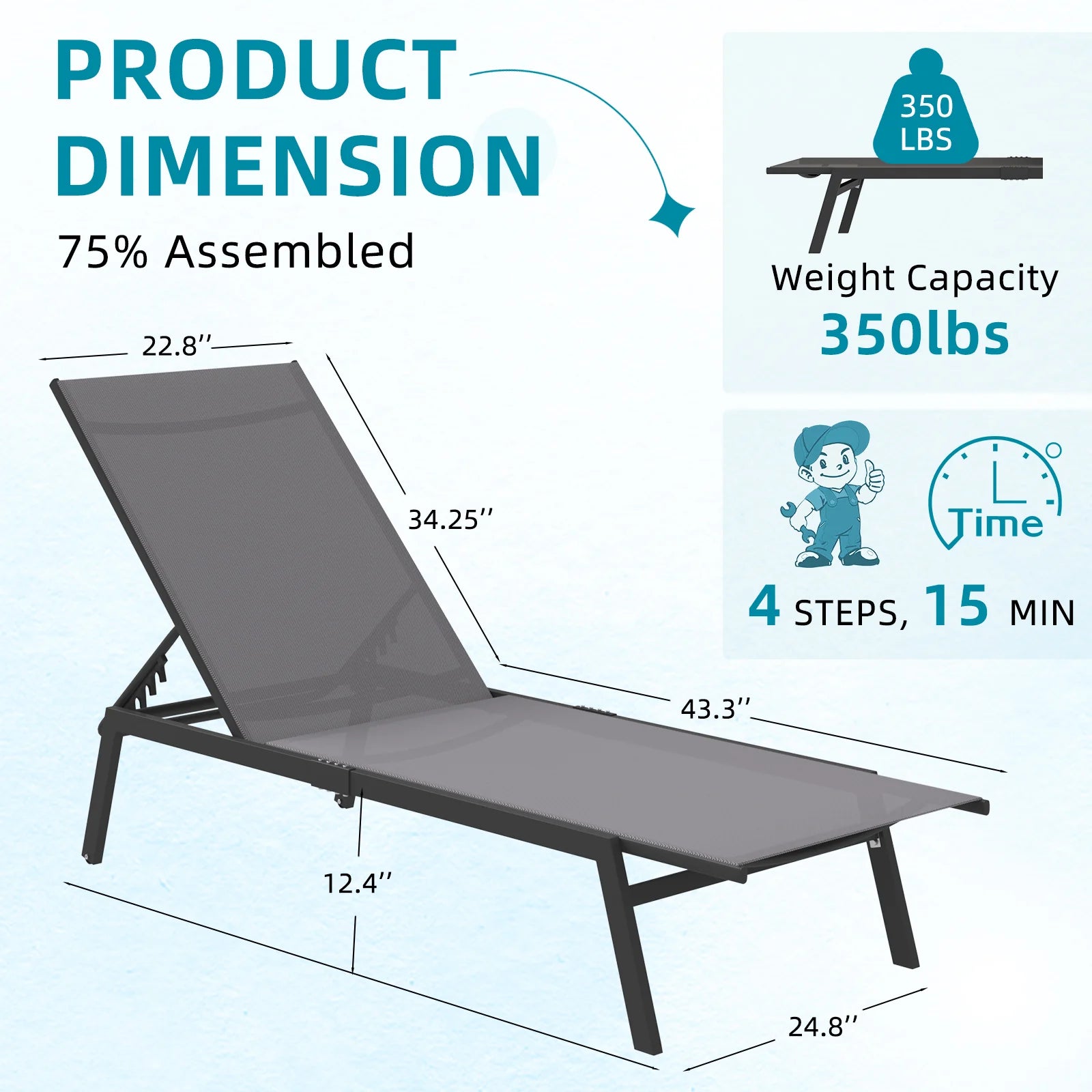 AECOJOY Patio Lounge Chairs, Outdoor Chaise Lounge with Wheels, Dark Grey, 2PCS - Product image 3