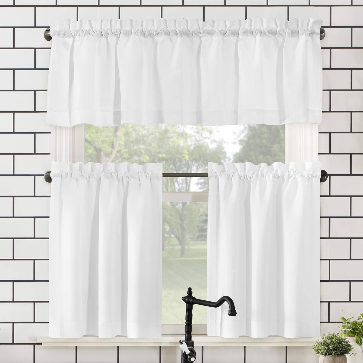 No. 918 Martine Microfiber Semi-Sheer Rod Pocket Kitchen Curtain Valance and Tiers Set - White - 54" x 24" - Product image 1