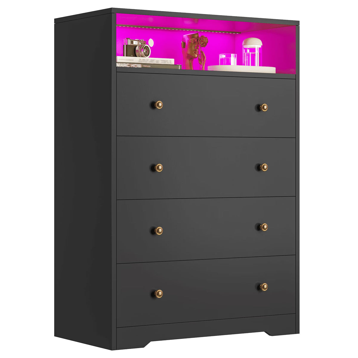 4 - Drawer Black Wood Dresser with LED Lights, Modern Chest of Drawers for Bedroom, Living Room - Product image 1