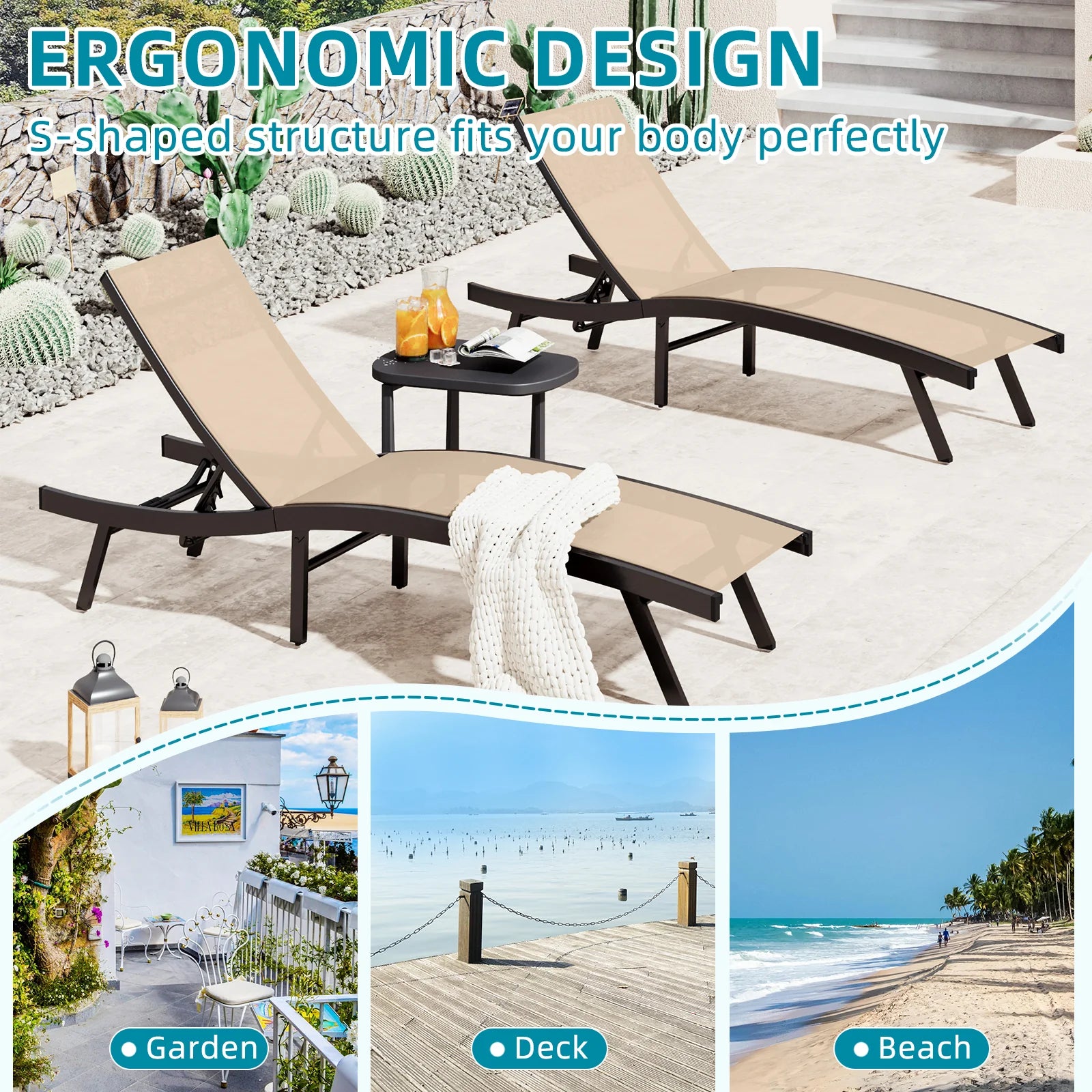 AECOJOY Outdoor Chaise Lounge, All Weather Pool Lounge Chairs Ergonomic Design (Beige, 2 PCs) - Product image 8