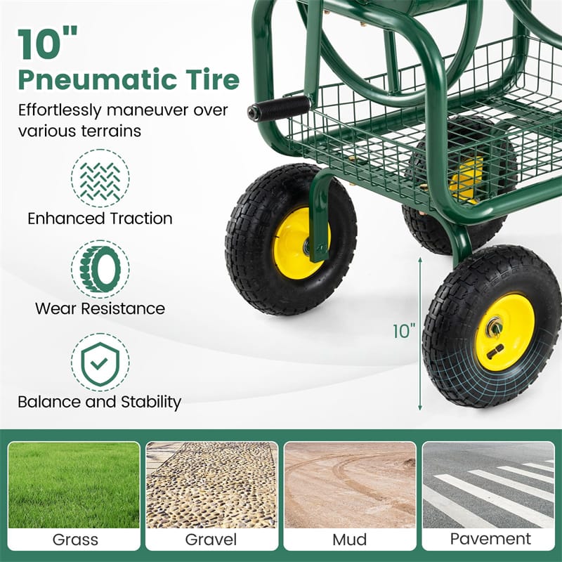Portable Garden Hose Reel Cart Holds 300FT of 5/8" Large Capacity, Heavy-Duty Metal Hose Cart with 4 Wheels & Storage Basket for Lawn Yard