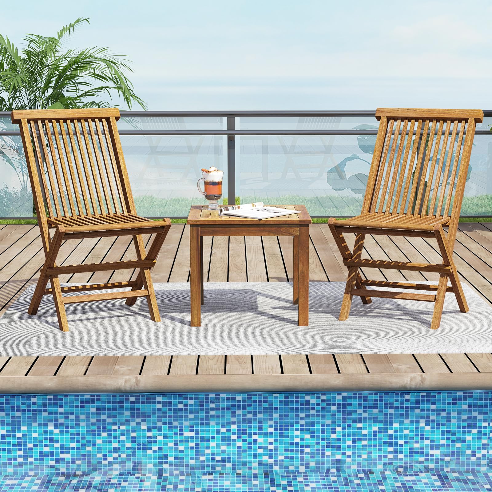 Tangkula 3 Piece Teak Wood Bistro Set, Outdoor Conversation Set with 2 Folding Chairs & Square Side Table - Product image 3